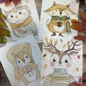 Set of 4 pre-drawn Woodland Friend Sketches